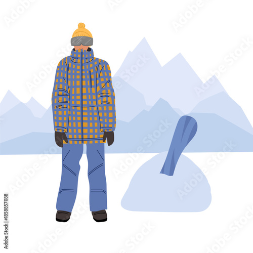 Snowboarder stands in snowy mountains, and his snowboard sticks out in snowdrift. Unsuccessful snowboarding from mountain
