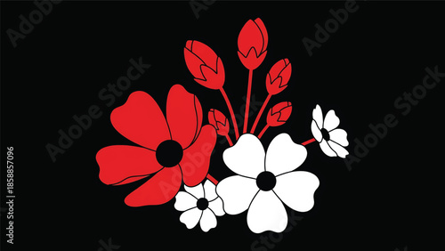 Vibrant red and white graphic flowers and red flower buds elegantly arranged on a solid black background