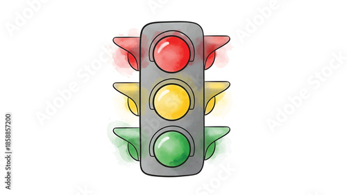 Watercolor illustration of a vertical traffic light with red, yellow, and green lights on, isolated on white