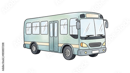 Watercolor-style illustration of a light green public transport bus, viewed from a slight angle on white