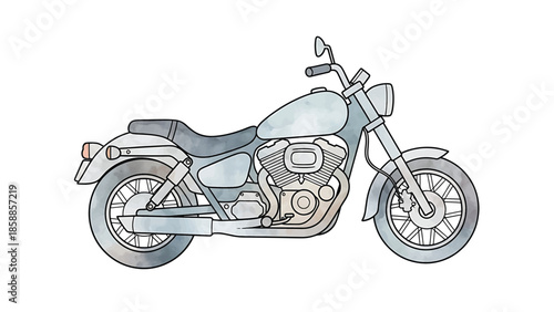 Watercolor illustration of a vintage style cruiser motorcycle, gray tones, side view, on white background