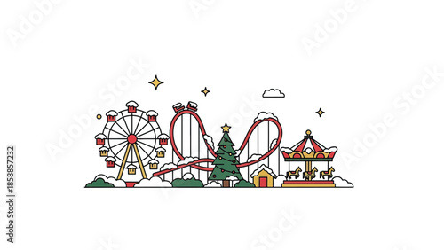 Whimsical winter amusement park illustration with Ferris wheel, roller coaster, carousel, and snowy Christmas tree