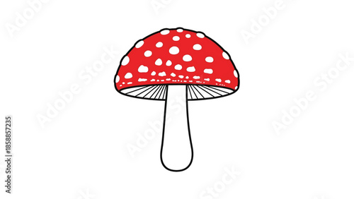 Whimsical illustration of a fly agaric mushroom with a red cap and white spots on a white background