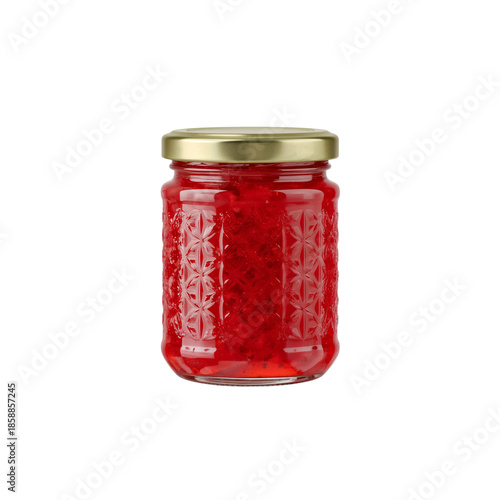 Seeing Bright Red Jelly in a Glass Jar on a Plain Background During Daylight