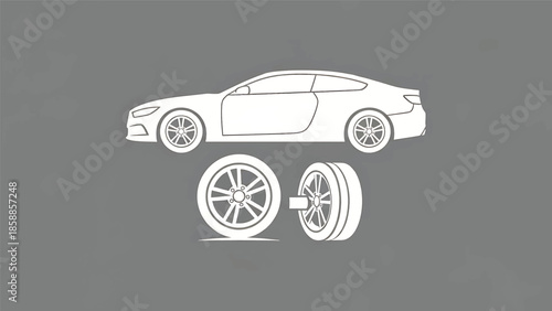 White outline drawing of a modern coupe car and two detached wheels on a solid grey background
