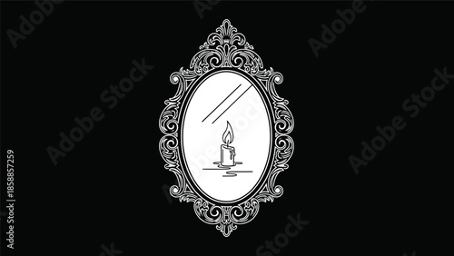 White outline of an ornate oval mirror reflecting a lit candle with melting wax on a black background