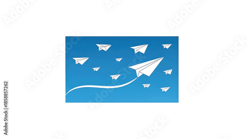 White paper airplanes soar across a blue sky, with one larger plane leading a curved path upwards