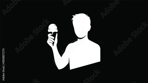 White silhouette of a young person holding a melting ice cream cone against a black background