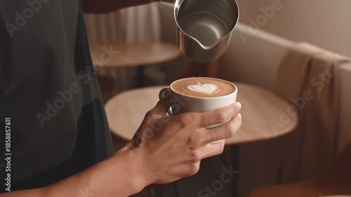 Barista pouring steamed milk to create heart-shaped latte art in cafe close-up