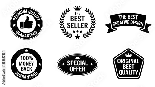 Black and white sale badges in various shapes with premium quality guarantee and seller labels for e-commerce marketing