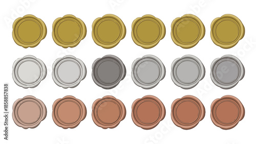 Assorted metal jar lids in golden, silver, and copper tones with different finishes in a grid layout for packaging design