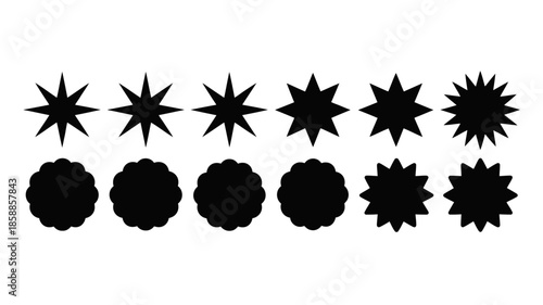 Black star and flower silhouettes in minimalist design with dramatic contrast on white background for graphic design