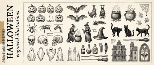 Engraved Halloween collection with bats, witches, and spooky decorations for festive creativity