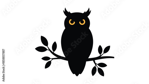 Majestic owl perched on branch with leaves, yellow eyes shining bright