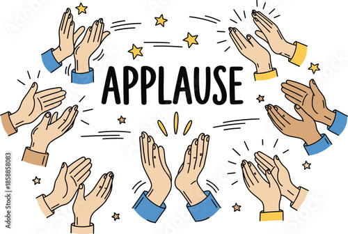 Hands clapping in approval with the word applause cheering celebration recognition praise