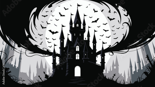 Spooky castle silhouette under full moon with bats flying overhead at night