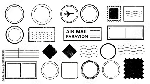 Air Mail Paravion Stamp Elements in Minimalist Black and White Design for Stationery Templates