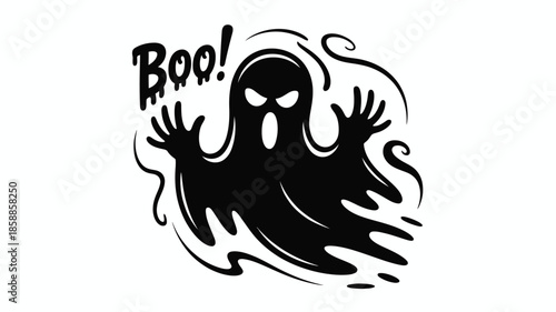 Spooky ghost with glowing eyes and 'Boo!' exclamation