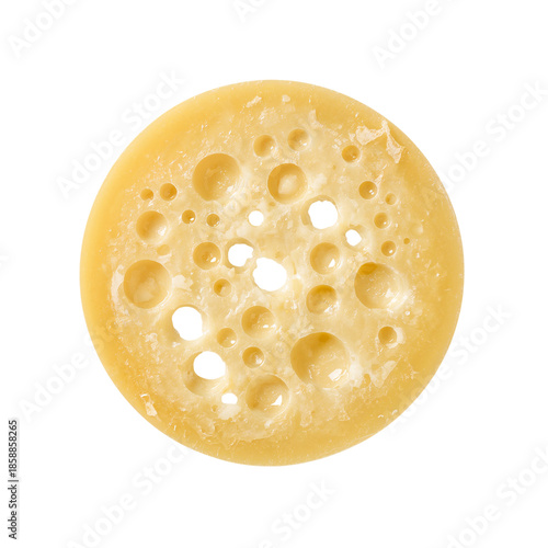Round Cheese With Holes on a White Background