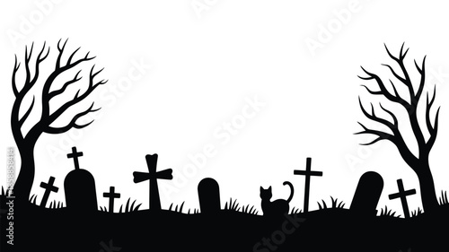Spooky graveyard scene with bare trees and silhouetted tombstones