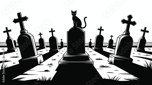 Black cat sitting on a tombstone in a spooky graveyard at night
