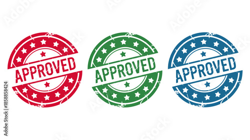 Three Approved Stamps in Red, Green, and Blue with Stars in Grunge Style for Official Documents