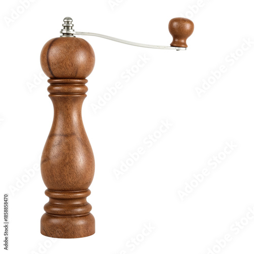 Wooden Pepper Mill Stands on White Background With a Crank for Grinding Spices