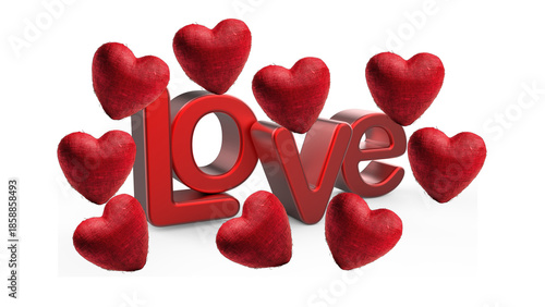3D Render of Red Love Text Surrounded by Heart Shapes on White Background. Stock image. 