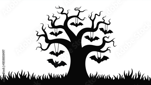 Spooky tree with bats hanging from branches on Halloween night