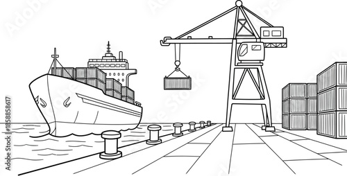 Cargo ship at a dock with a crane loading containers container wharf