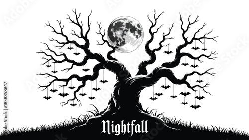 Spooky tree with bats under full moon on a dark night