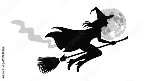 Witch flying on broomstick under full moon in spooky silhouette