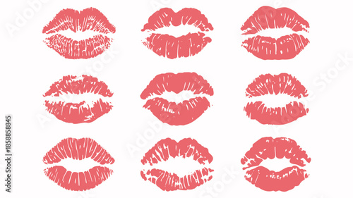 Lipstick Kiss Marks in Coral Red on White Background in Bold Graphic Style for Beauty and Cosmetics