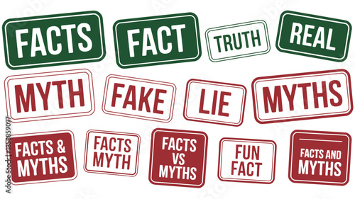 Assorted colorful stickers with facts and myths labels in playful typography on white background for infographic design