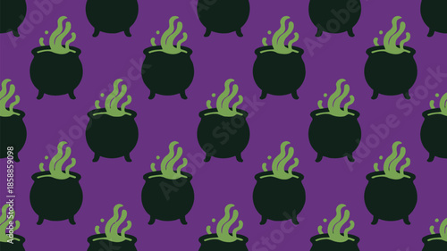 Spooky witch cauldrons boiling with green flames on purple background