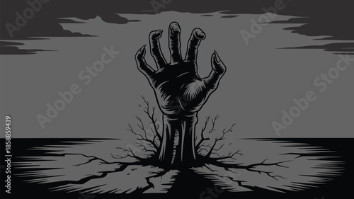 Monstrous hand emerging from cracked earth with dark ominous background