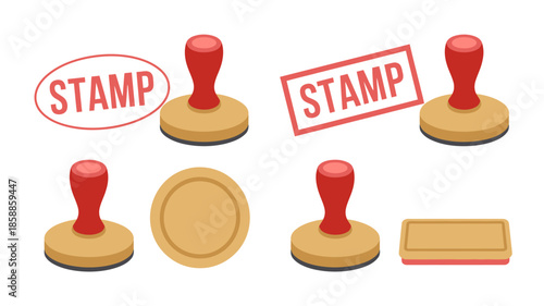 Rubber Stamps with Red Handles in Various States on White Background in Flat Design for Office Supplies