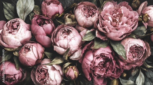 Cluster of richly colored pink blossoms with dark foliage fills the entire frame
