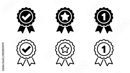 Award Badges with Checkmark, Star, and Number One in Simple Monochrome Design for Quality and Ranking Icons