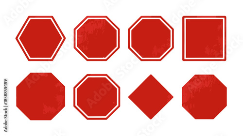 Red stop signs in various shapes and textures with white outlines on white background for graphic design