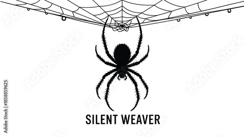 Spider hanging from intricate web with the words SILENT WEAVER