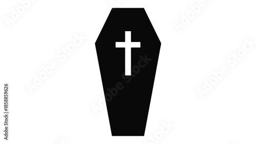 Simple black coffin with white cross on lid