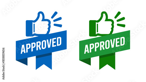 Thumbs up approval icons in blue and green ribbon banners with glowing effect in modern flat design for social media