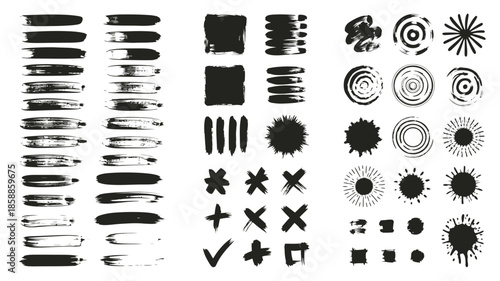 Black Grunge Brush Strokes and Icons in Distressed Texture with High Contrast Lighting for Graphic Design