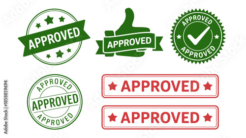 Approved stamps in various green and red designs with stars and thumbs up in official seal format for quality assurance