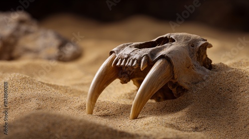 Saber toothed cat skull with long curved fangs half buried in desert sand prehistoric predator fossil concept
