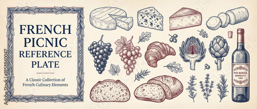 Captivating engraved collection showcasing essential elements of a delightful French picnic experience