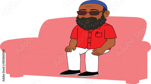Flat vector illustration of an elderly South Asian man with a beard sitting on a red sofa in a living room