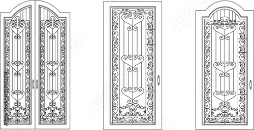 A set of elegant vector illustrations featuring intricate wrought iron scrollwork for double doors, single entryways, and decorative metal gates.