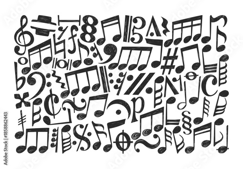 Isolated set of doodle music notes, clefs, staves and musical symbols in hand drawn sketch style
